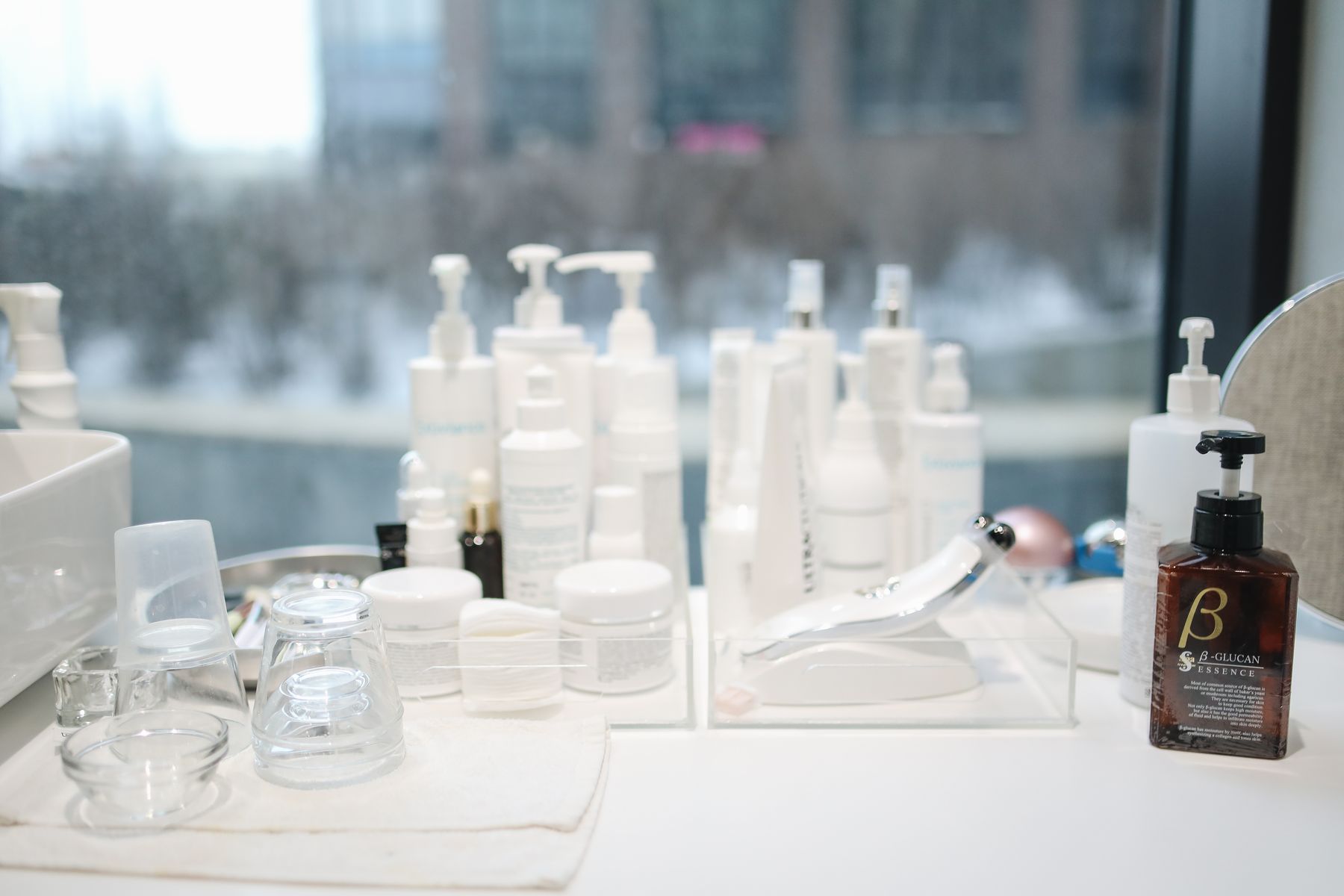 Bright beauty studio counter with products